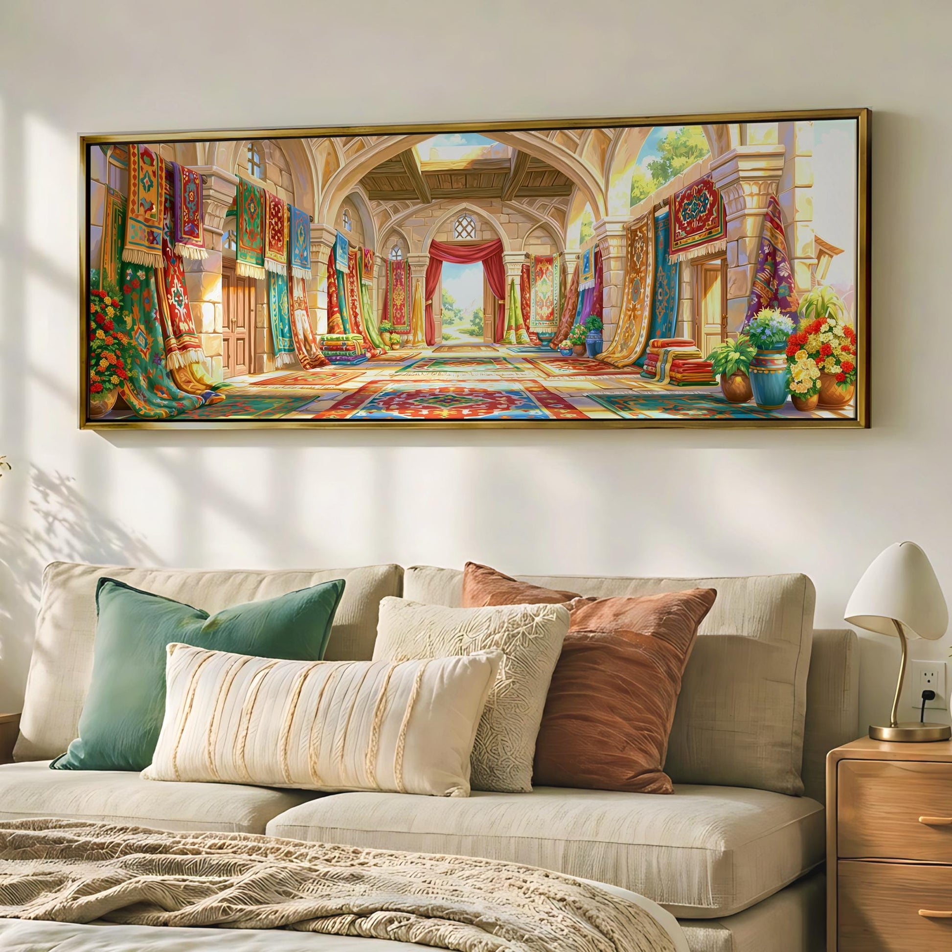 a large, colorful painting of an ornate, palace-like interior with arched doorways, columns, and decorative elements. The painting is hung on a wall above a beige sofa adorned with throw pillows.
