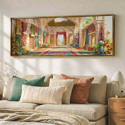a large, colorful painting of an ornate, palace-like interior with arched doorways, columns, and decorative elements. The painting is hung on a wall above a beige sofa adorned with throw pillows.