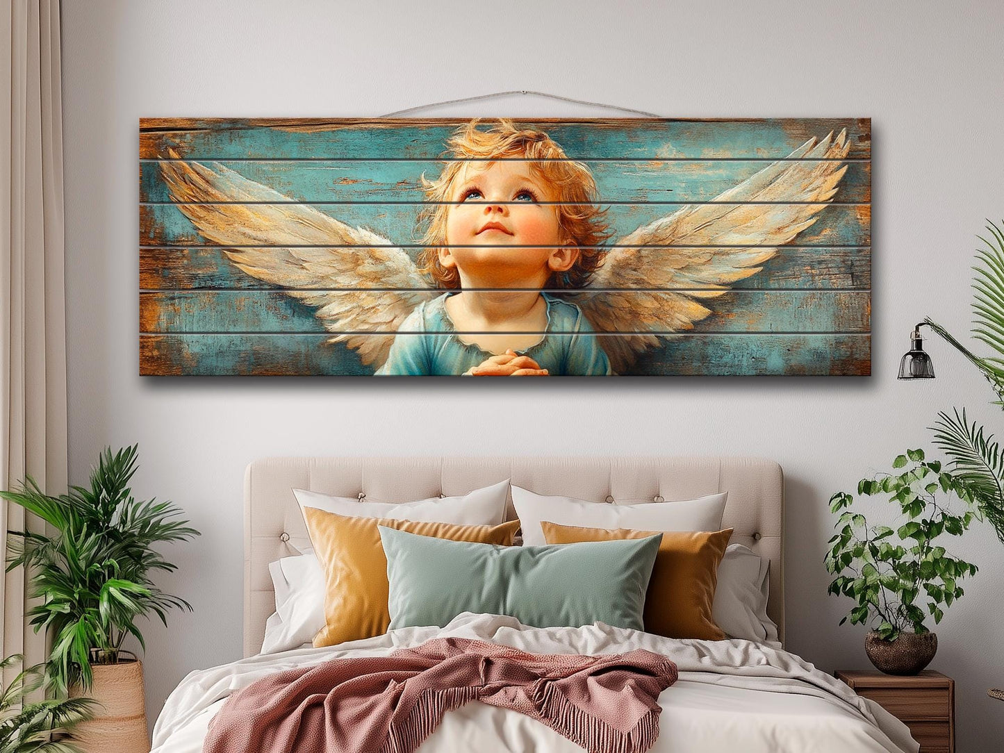 Christian Wall Art - Rustic Angel Painting on Natural Wood | Bible Wall Decor