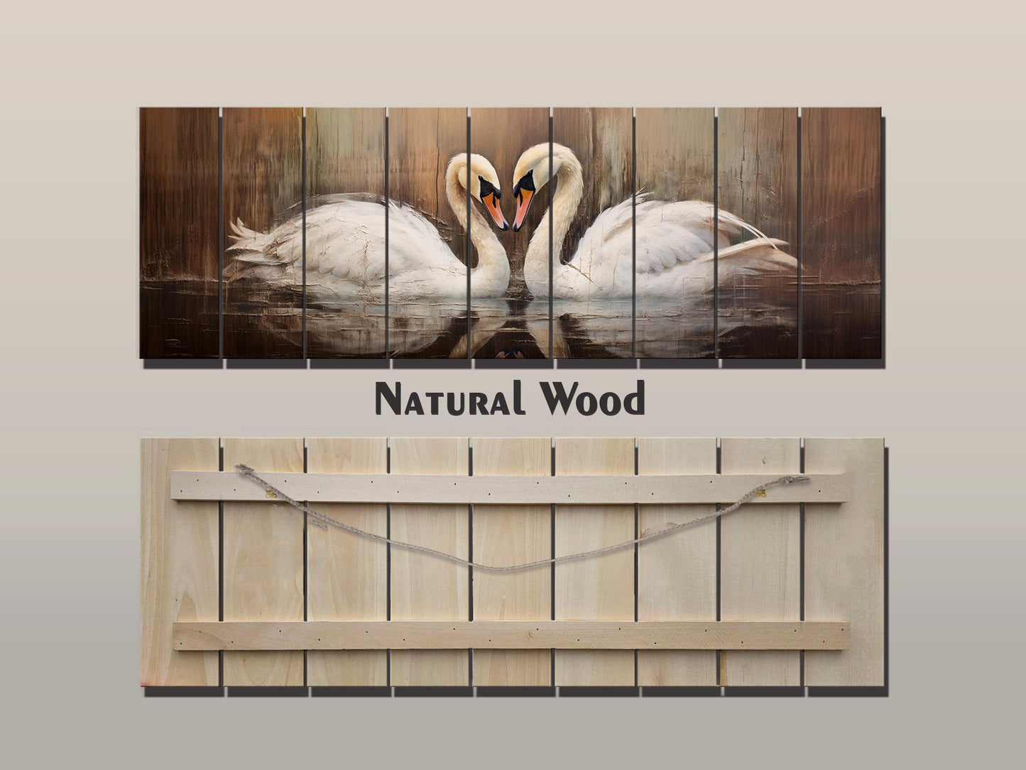 Rustic Swans Couple Forming a Heart Print on Natural Wood, Romantic Wall Art, Rustic Swans Painting, Swans Wall Art, Wood Wall Art
