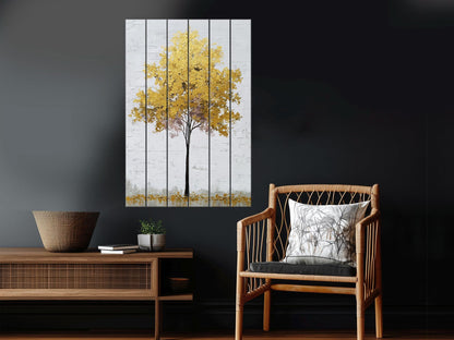 Golden Tree Wall Art – Elegant Rustic Wood Print With Gold Leaf Tree Design