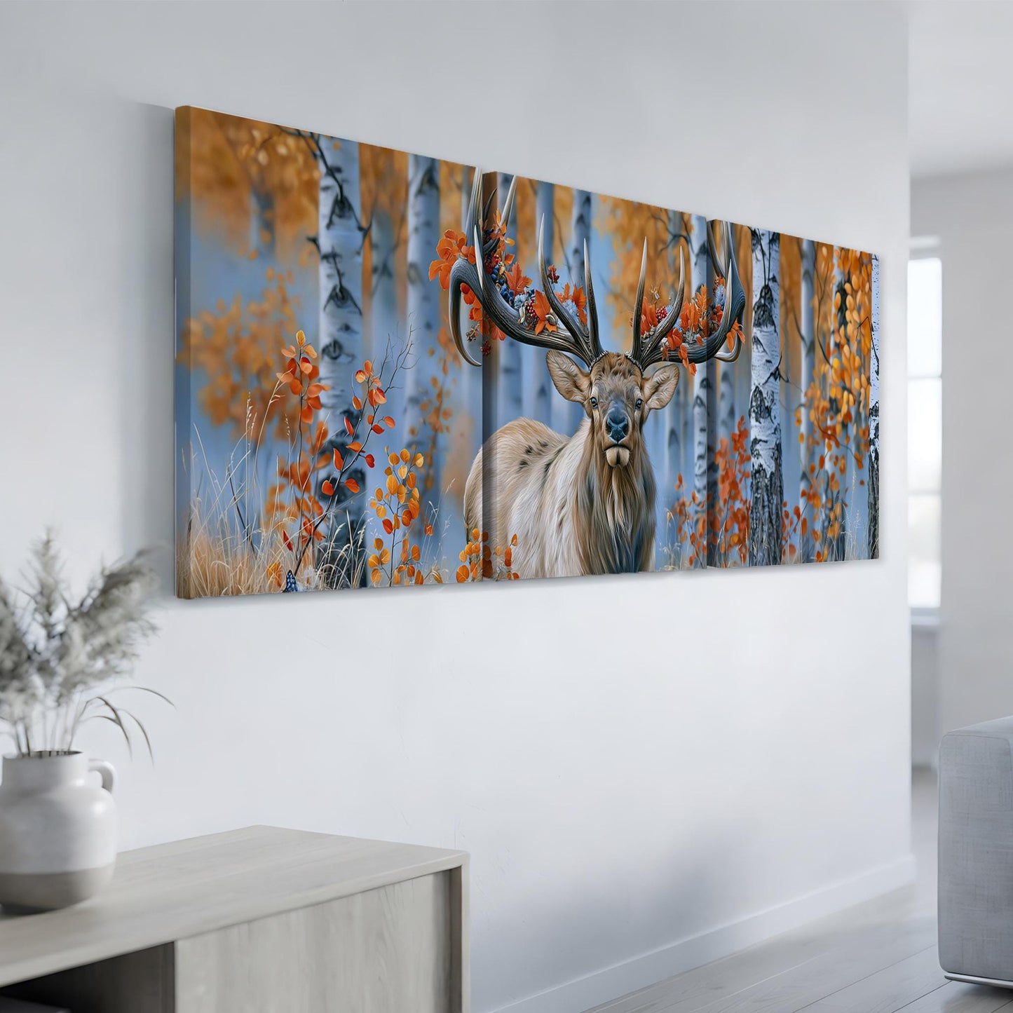 a large, colorful painting of a deer with antlers in a forest setting, hanging on a wall.