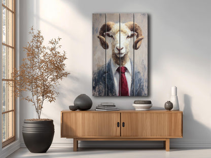 Ram Tie Wood Print – Rustic Animal Wall Art on Natural Wood Panel Decor