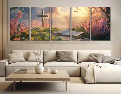 Religious Wall Art – Bible Canvas Print with Cross Canvas Art | Framed Ready to Hang