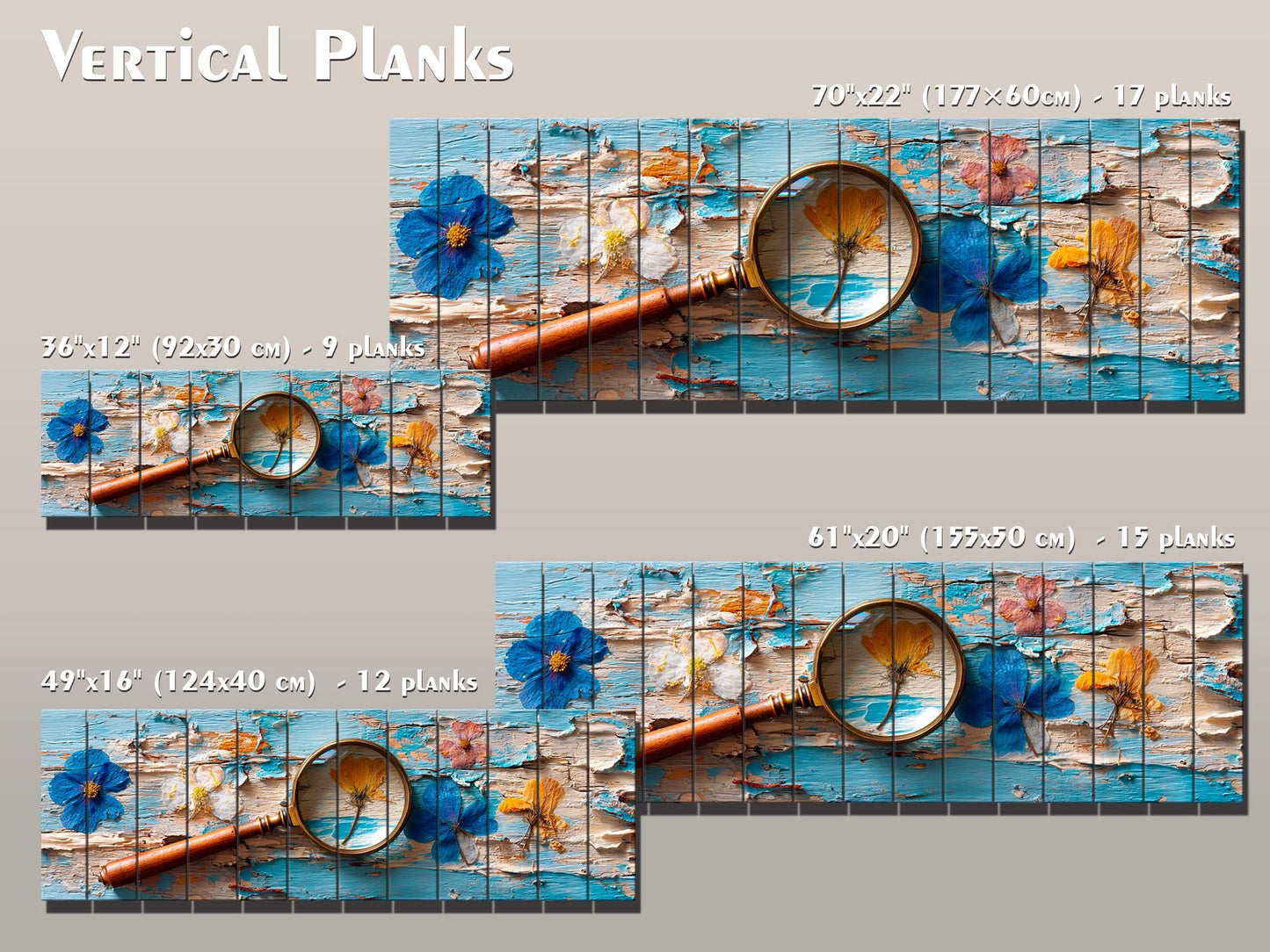 Pressed Flowers Wood Print – Rustic Nature Art on Blue Peeling Paint Wood Planks