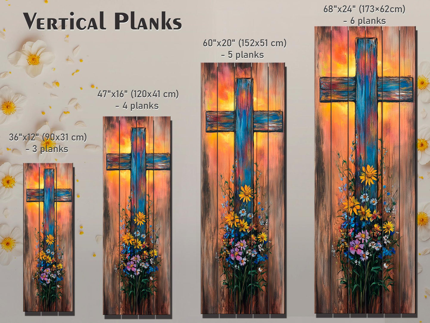 Rustic Cross with Wildflowers Painting Printed on Natural Wood – Christian Print on Wood, Religious Wall Art, Christian Wall Decor