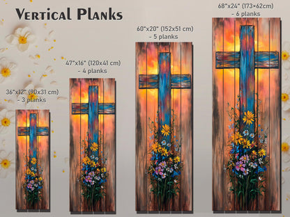 Rustic Cross with Wildflowers Painting Printed on Natural Wood – Christian Print on Wood, Religious Wall Art, Christian Wall Decor