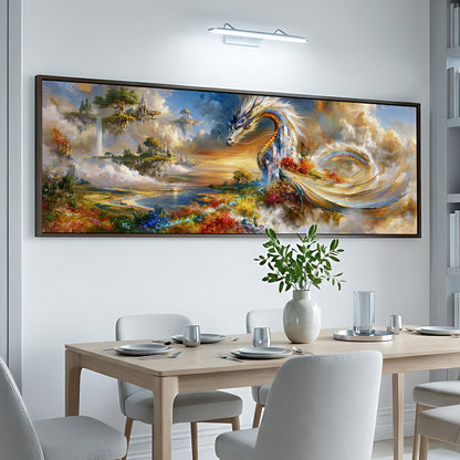 a large, colorful painting of a dragon-like creature against a backdrop of a fantastical landscape with clouds, mountains, and a sunset. The painting is displayed on a wall above a dining table, which is set with plates, silverware, and a vase of flowers.