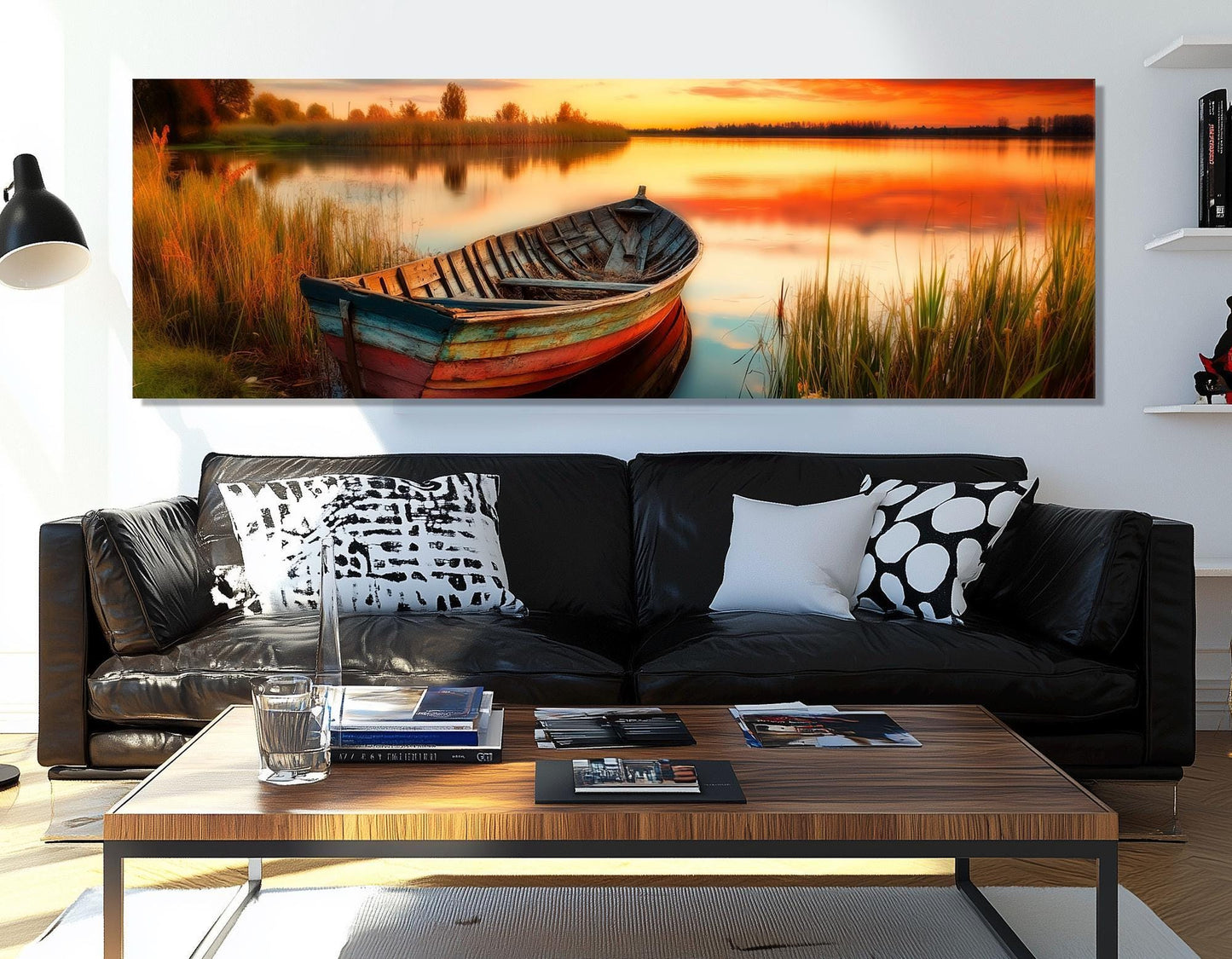 Wooden Boat Canvas Print – Scenic Sunset Lake Painting | Framed & Ready to Hang