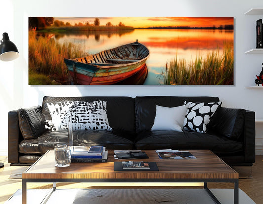 Wooden Boat Canvas Print – Scenic Sunset Lake Painting | Framed & Ready to Hang