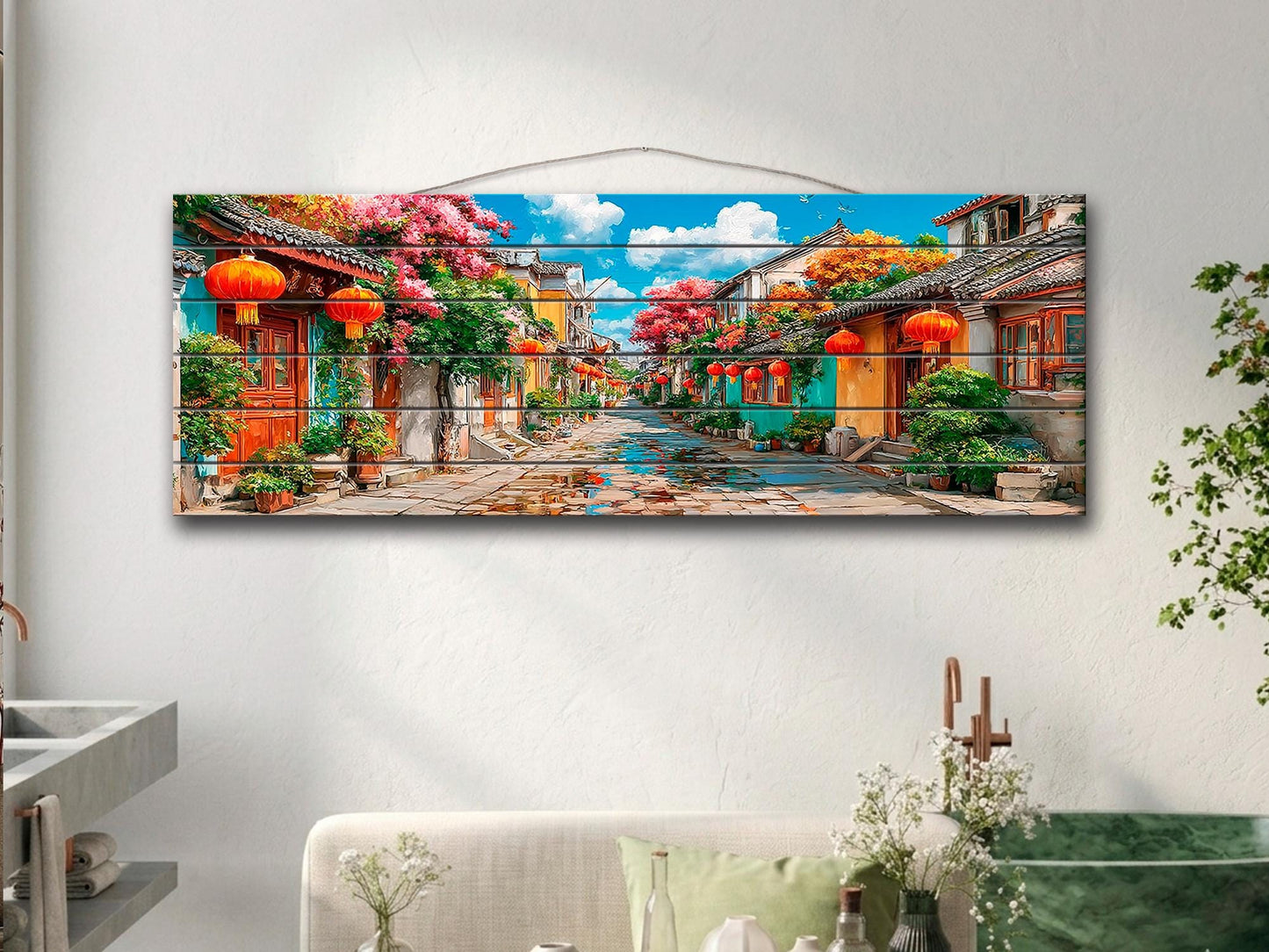 Old Shanghai Wood Wall Art, Chinese Street Scene Print on Wood