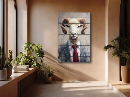 Ram Tie Wood Print – Rustic Animal Wall Art on Natural Wood Panel Decor