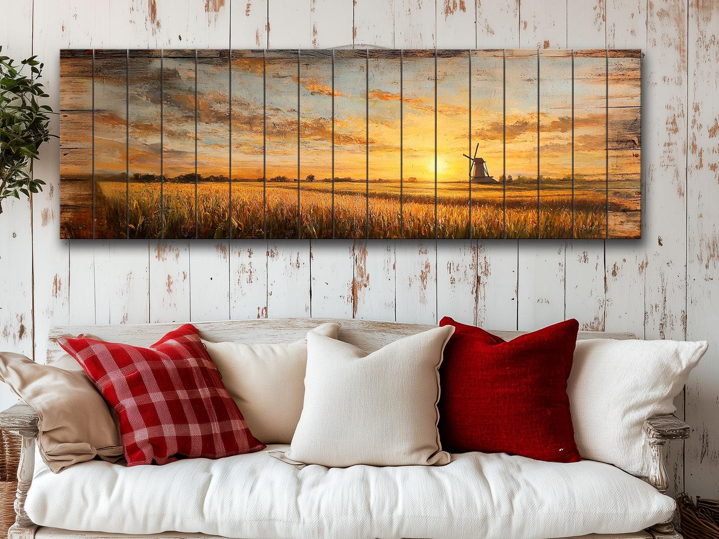 Wood Wall Art - Rustic Sunset Cornfield Painting | Natural Wood Decor, Farmhouse Style