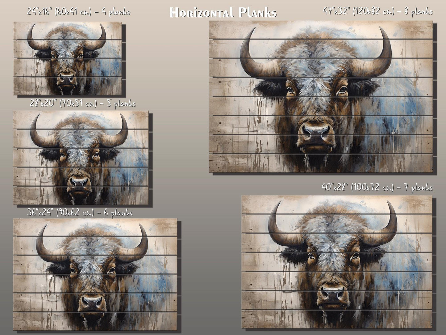 Rustic Wood Wall Art – Bison Abstract Painting on Wooden Planks | Farmhouse Decor