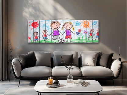 Family Crayon Art Print on Wood, Cute Kids Drawing, Rustic Nursery Wall Decor