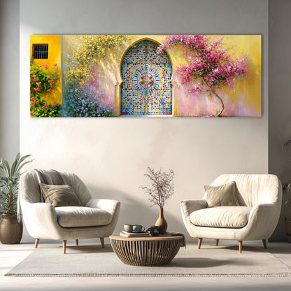 a modern living room with a large, colorful painting of a stained glass window above a coffee table. The painting is divided into three panels, each depicting different elements of the window, including a pink flowering tree and a yellow wall. The room is furnished with two white armchairs and a wooden coffee table, creating a cozy and inviting atmosphere.