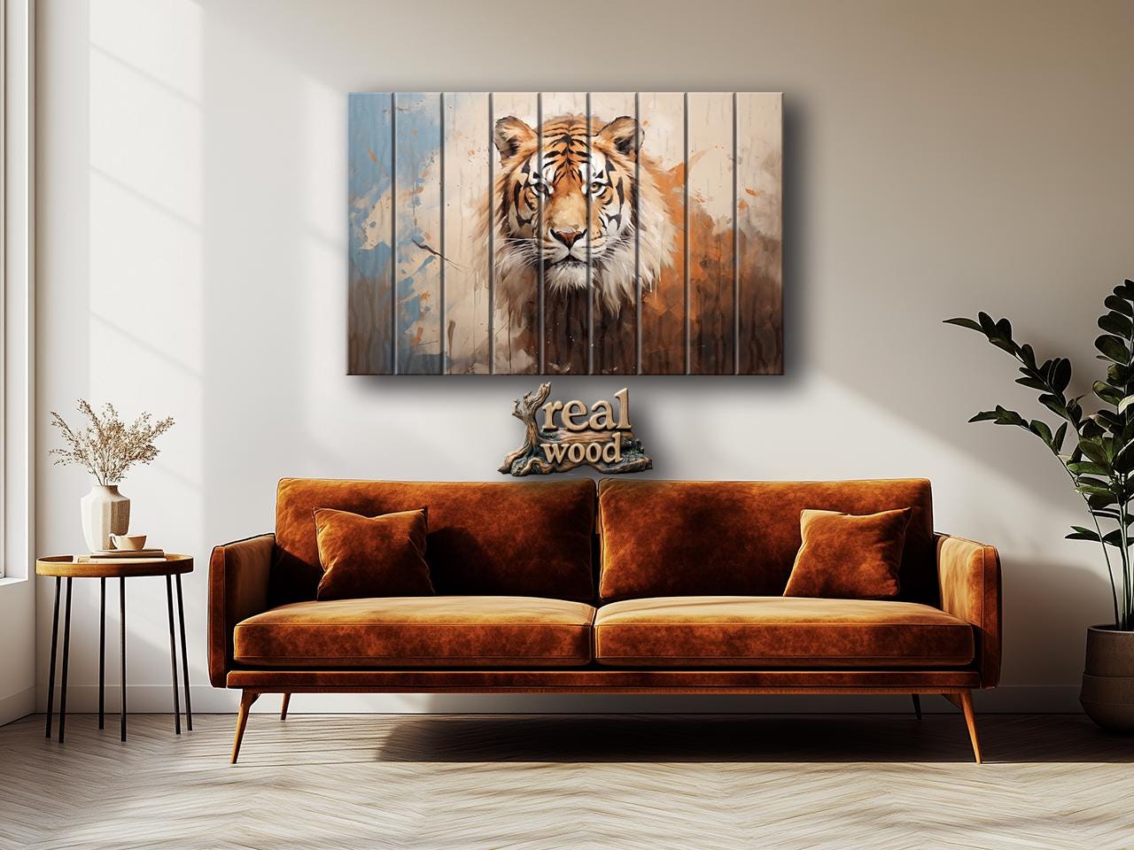 Tiger Wood Wall Art – Natural Wood Print | Abstract Tiger Print Wooden Decor