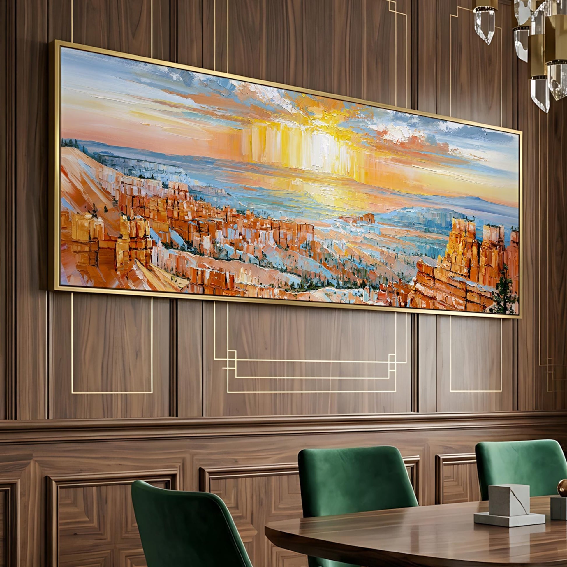a large, colorful painting of a desert landscape hanging on a wooden wall above a wooden dining table with green chairs.