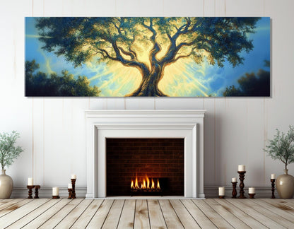 Abstract Glowing Tree Canvas Print, Fantasy Tree Painting, Meditation Wall Art, Large Tree in Sun Lights Poster, Framed and Ready to Hang