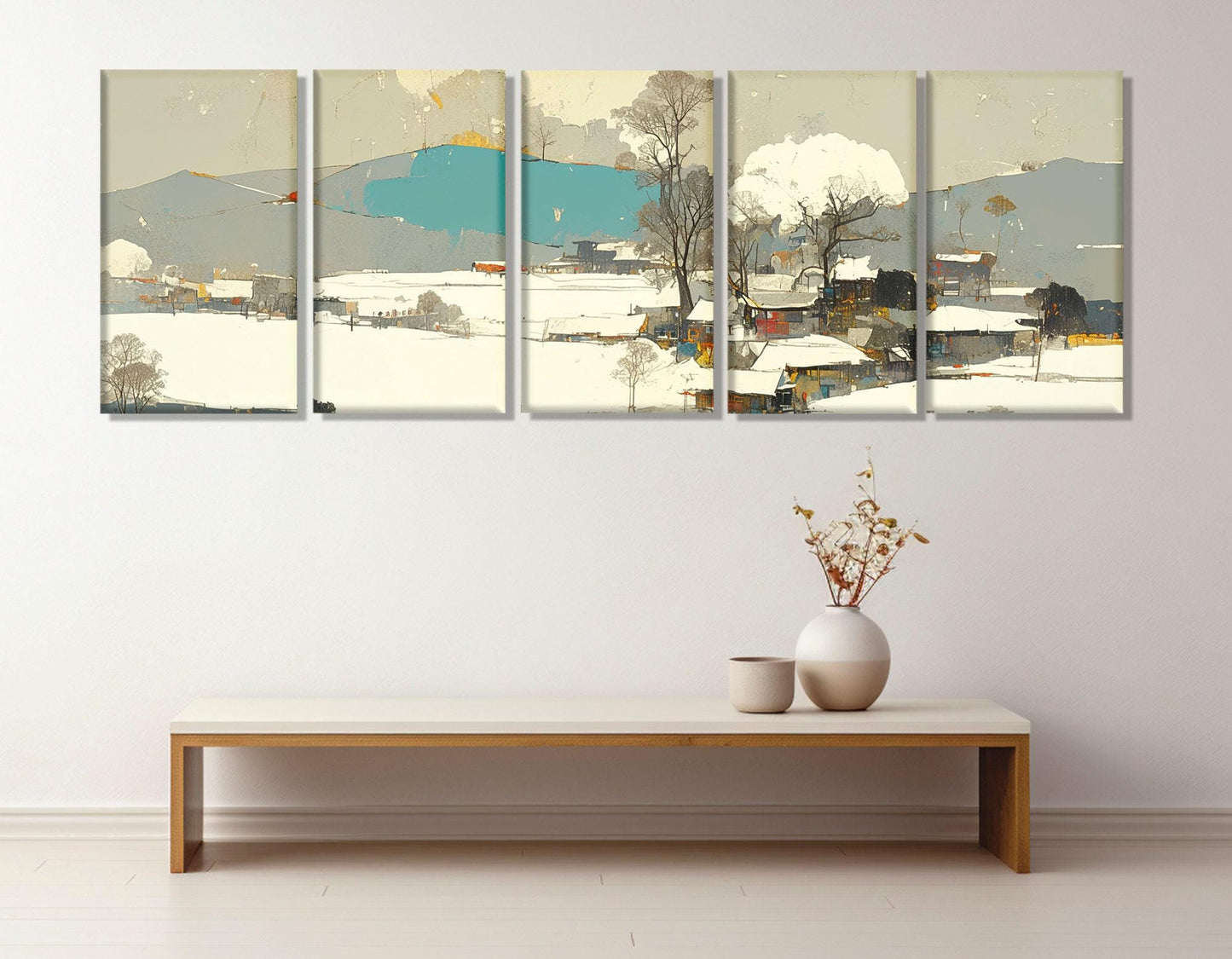 Modern Chinese Painting Canvas Print, Abstract Winter Landscape, Contemporary Chinese Wall Art, Asian Village, Framed and Ready to Hang