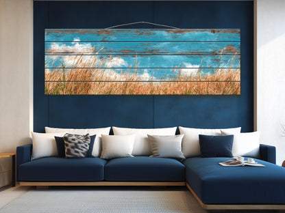 Wheat Field Print Wood – Rustic Landscape Painting | Farmhouse Wall Art Decor
