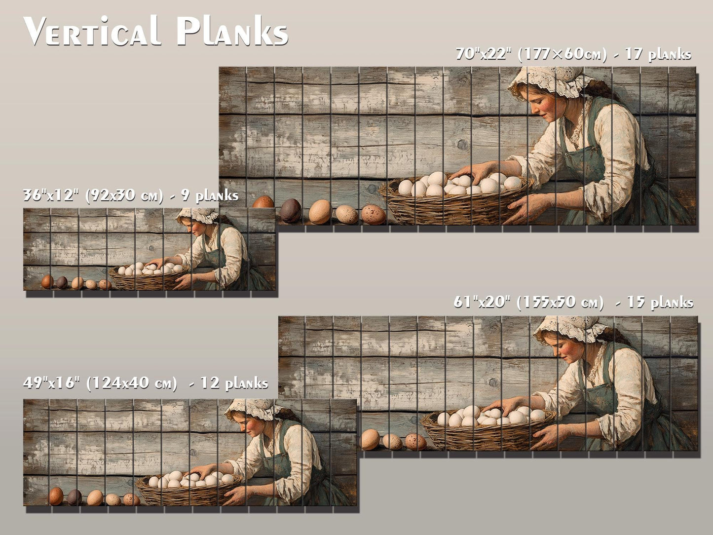 Rustic Wood Wall Art – Woman Collecting Eggs Print on Natural Wood Plank