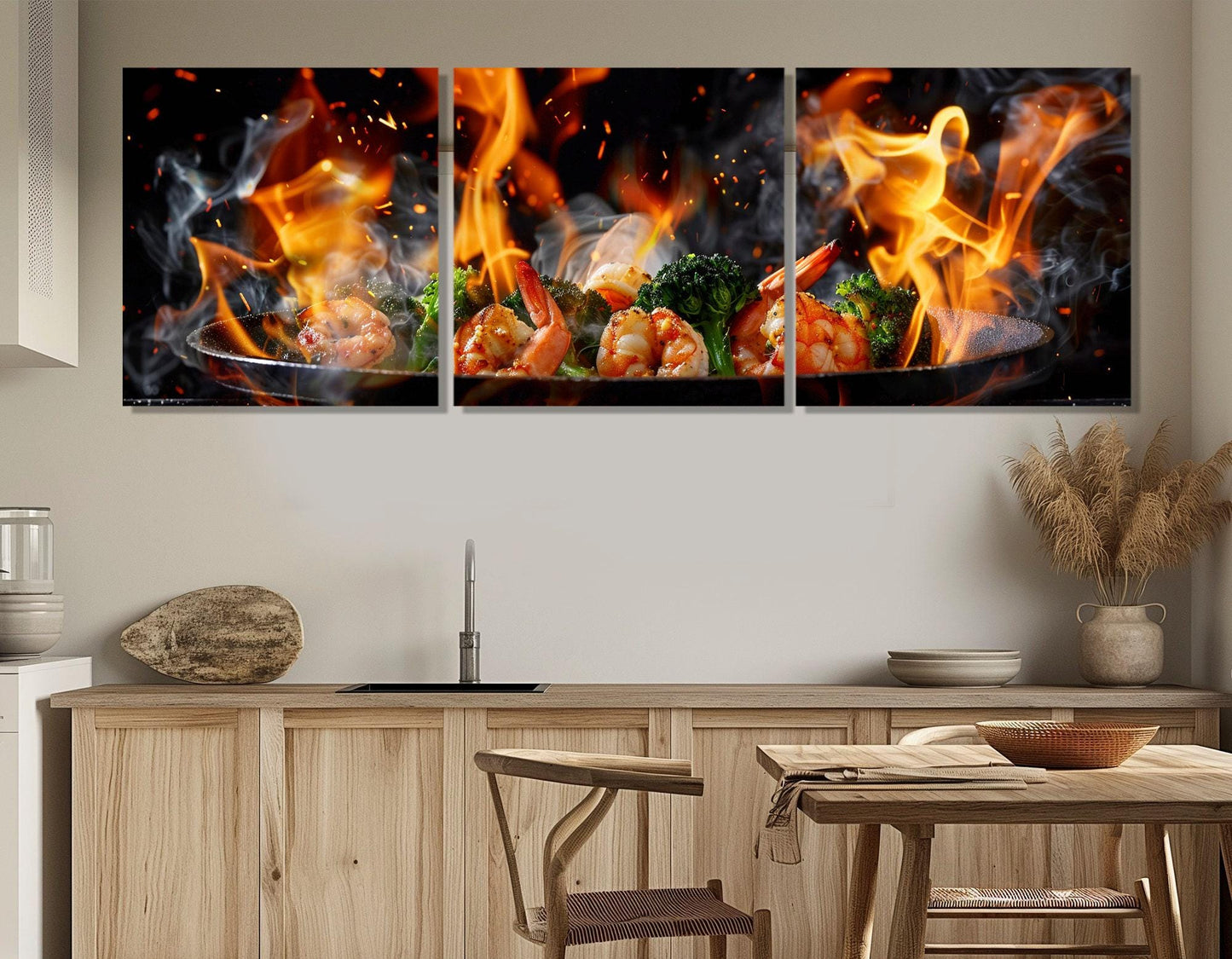 Kitchen Wall Decor – Framed Shrimp Broccoli Canvas Print | Ready to Hang