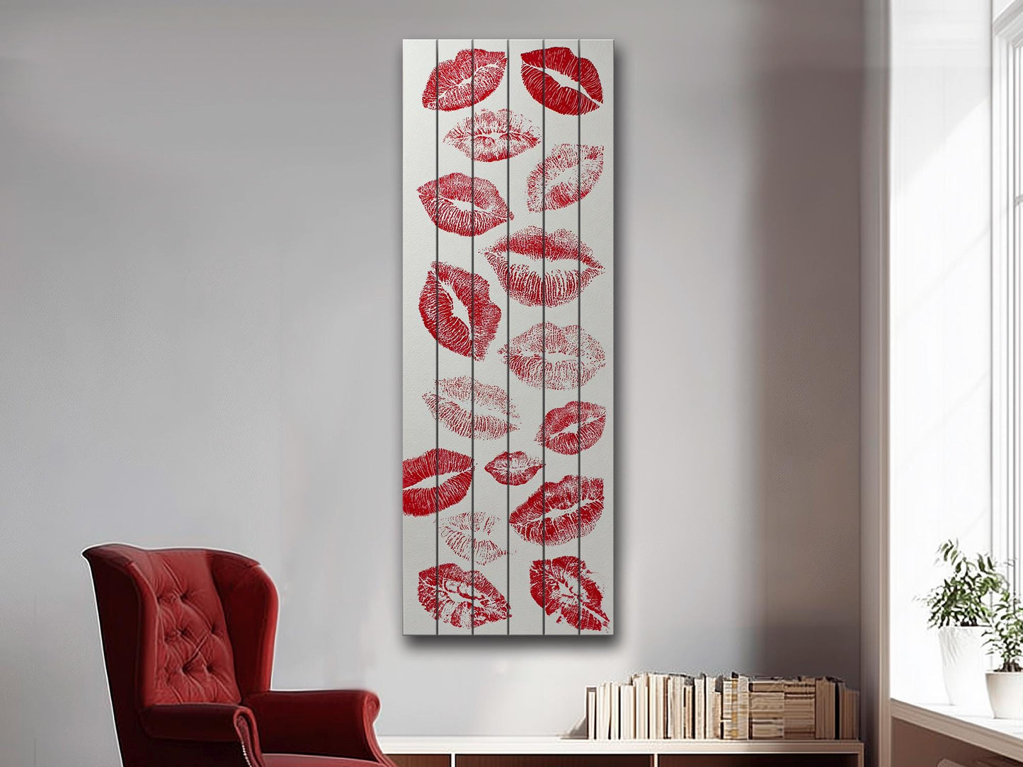 Romantic Wood Wall Art – Red Lips Print Artwork | Rustic Wooden Wall Decor