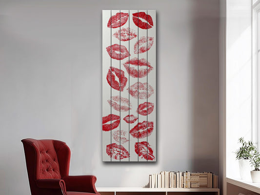 Romantic Wood Wall Art – Red Lips Print Artwork | Rustic Wooden Wall Decor