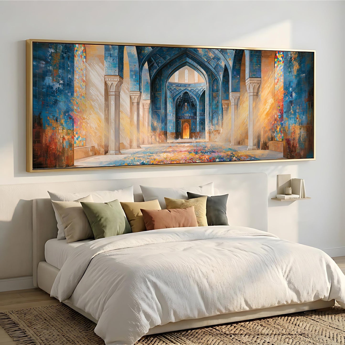 a large, colorful painting of an ornate, arched doorway or entryway, hanging above a bed with white bedding and pillows.