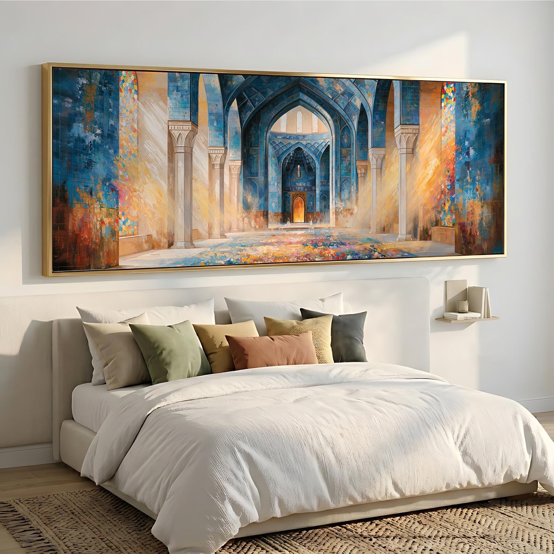 a large, colorful painting of an ornate, arched doorway or entryway, hanging above a bed with white bedding and pillows.