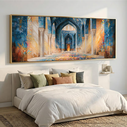 a large, colorful painting of an ornate, arched doorway or entryway, hanging above a bed with white bedding and pillows.