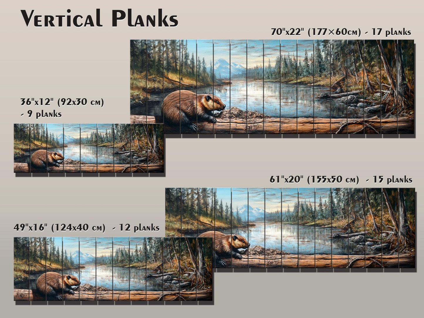Rustic Beaver Building a Dam in Forest Print on Natural Wood, Rustic Forest Wall Art, Forest Landscape Painting, Wood Print, Wood Wall Art