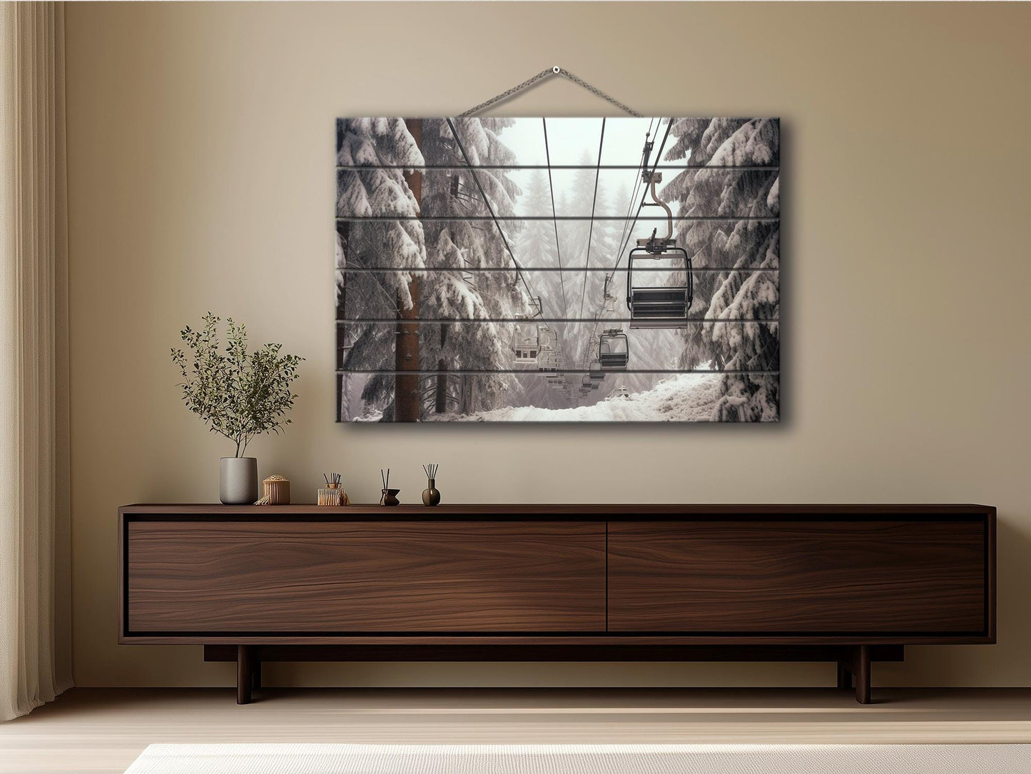 Wood Wall Art – Large Ski Lift Print on Natural Wood Panel | Rustic Winter Decor
