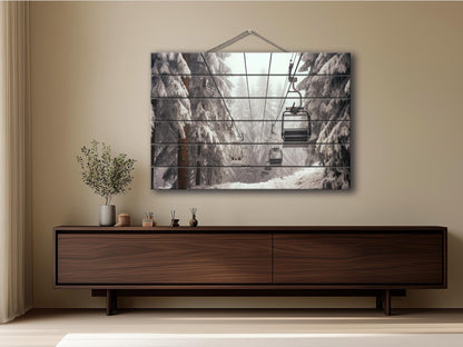 Wood Wall Art – Large Ski Lift Print on Natural Wood Panel | Rustic Winter Decor