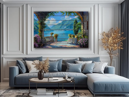 Scenic Como Lake Landscape Printed on Natural Wood, Italy Wall Art, Rustic Lake Como Painting, Rustic Italian Wall Decor, Wood Wall Art