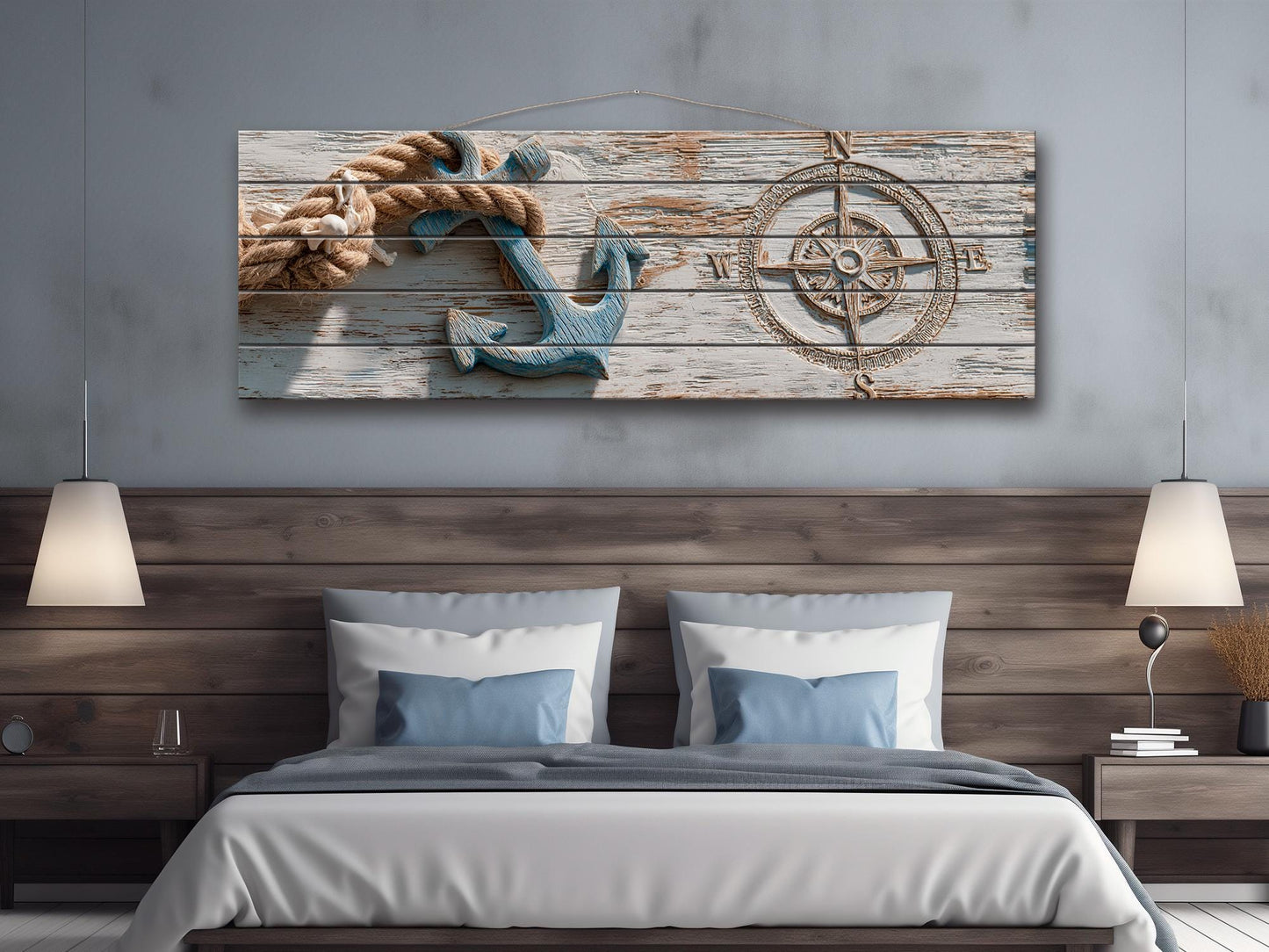 Nautical Anchor Wall Art – Rustic Coastal Wood Print With Rope Compass Design