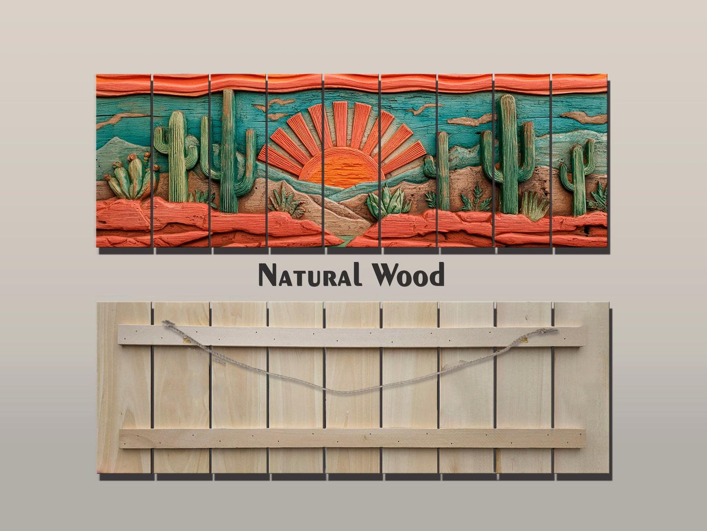 Arizona Desert Wood Print with Cactus and Sun, Rustic Vintage Southwest Wall Art