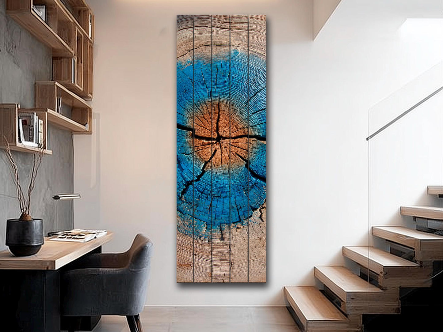 Tree Trunk Wall Art – Rustic Wood Decor With Blue Brown Rings & Natural Texture