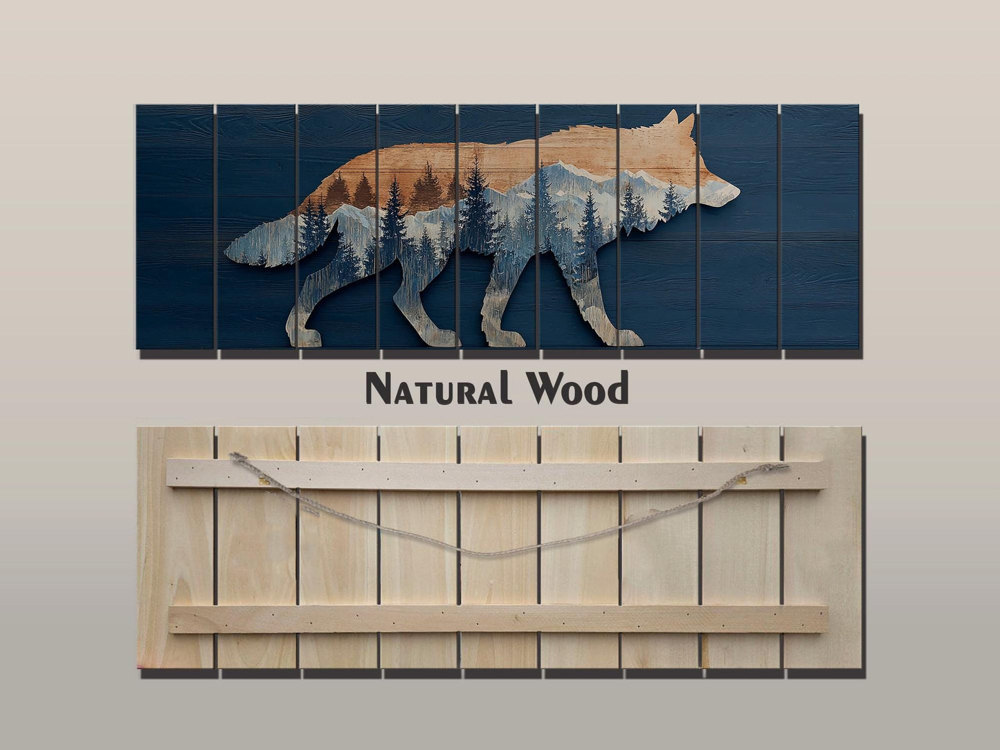 Wolf Silhouette with Forest Print on Natural Wood, Rustic Hunting Wall Art