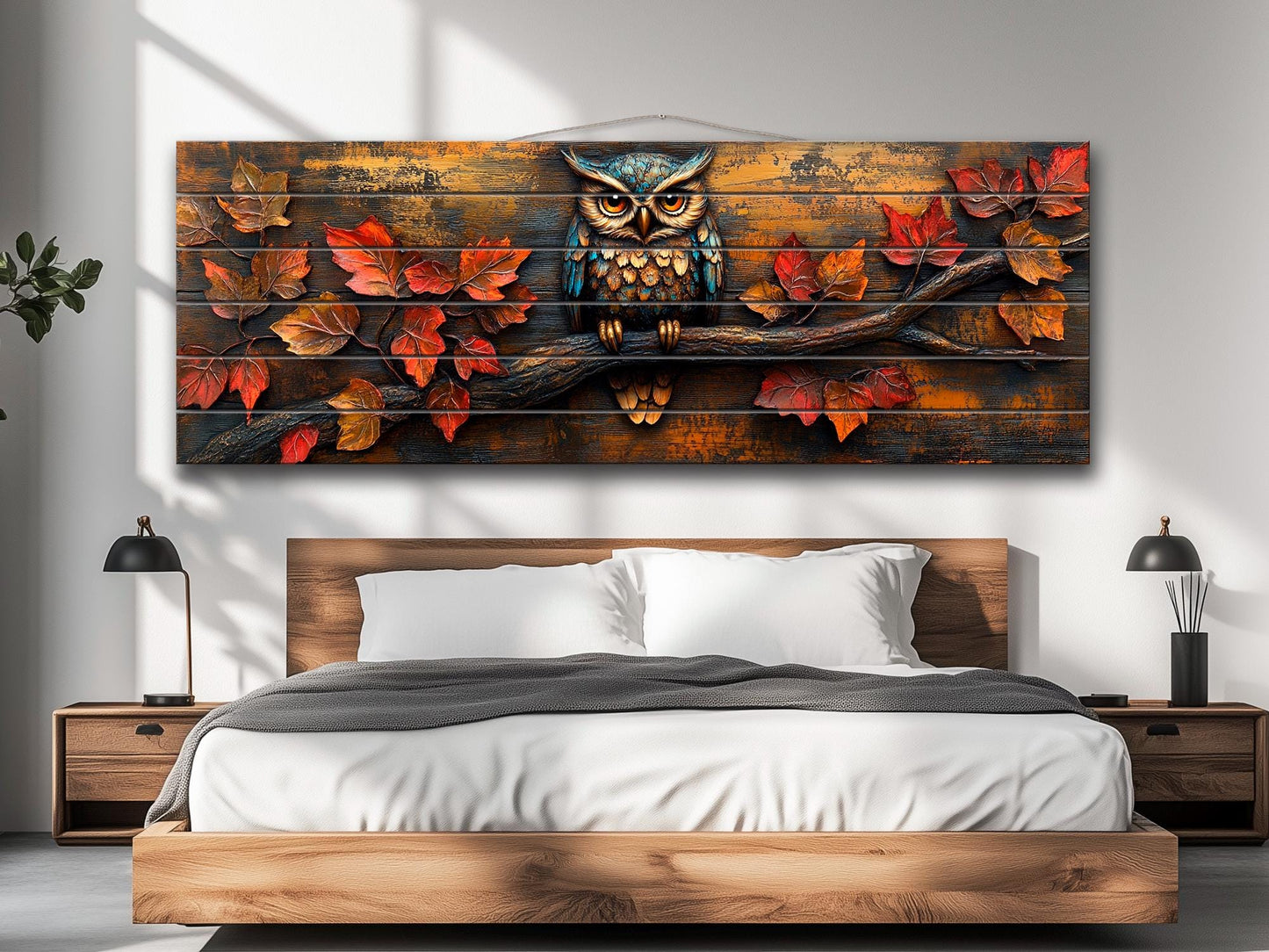 Owl Wood Wall Art – Rustic Autumn Wood Plank Painting with Glowing Fall Leaves