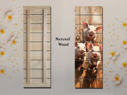 Playful Piglets in Muddy Pen Painting Printed on Natural Wood – Farm Animal Print on Rustic Linden Wood with Sunshine and Country Colors