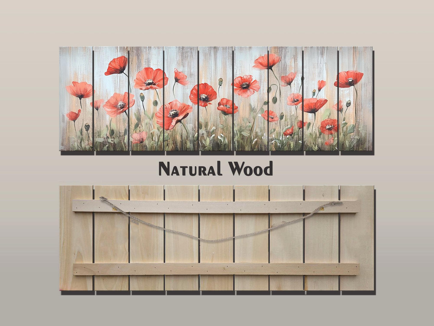 Wood Wall Art – Whimsical Field of Wild Poppies Dancing in the Breeze, Poppies Wall Art, Rustic Floral Wall Decor