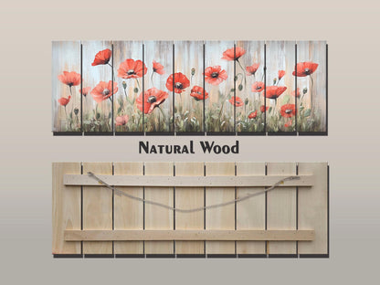 Wood Wall Art – Whimsical Field of Wild Poppies Dancing in the Breeze, Poppies Wall Art, Rustic Floral Wall Decor