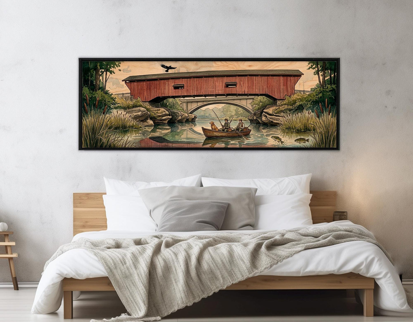 Narrows Bridge Canvas Print, Panoramic Covered Bridge Painting, Large River Wall Art, Framed and Ready to Hang