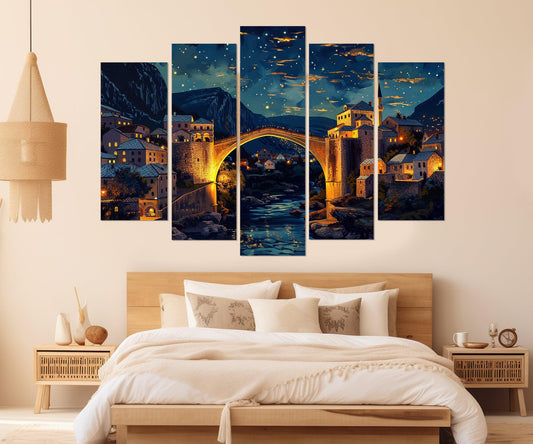 Mostar Bridge Canvas - Multi Panel Bosnia Wall Decor | Abstract Framed Cotton Canvas Print