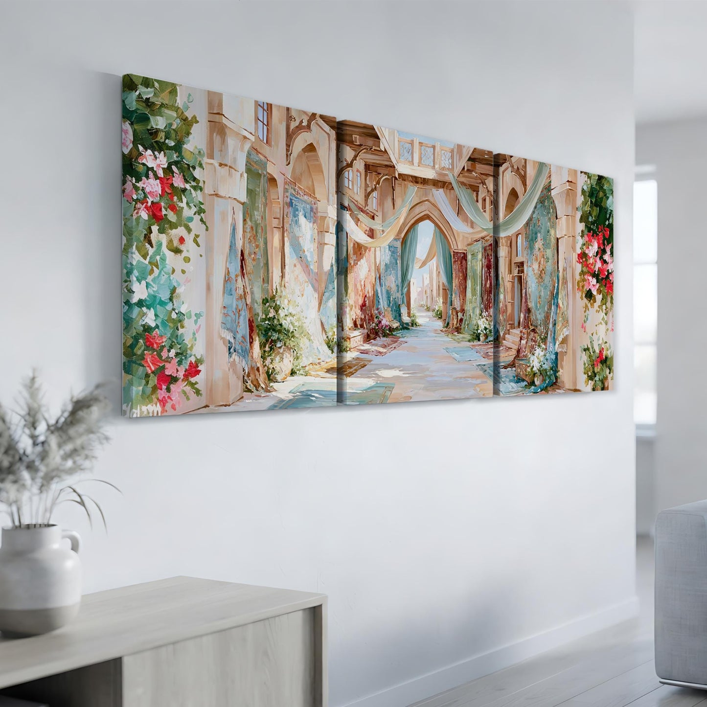a large, colorful painting of a picturesque alleyway with flowers and plants adorning the walls.