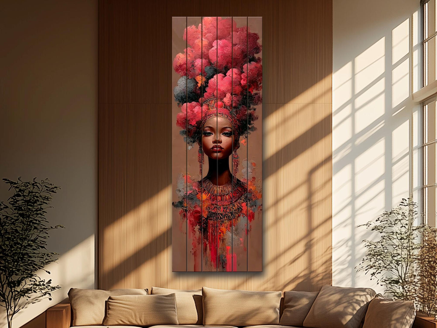 African Woman Wood Print – Tribal Wall Art With Red Cloud Headdress, Ready to Hang