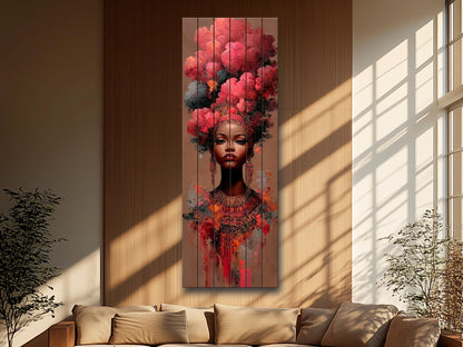 African Woman Wood Print – Tribal Wall Art With Red Cloud Headdress, Ready to Hang