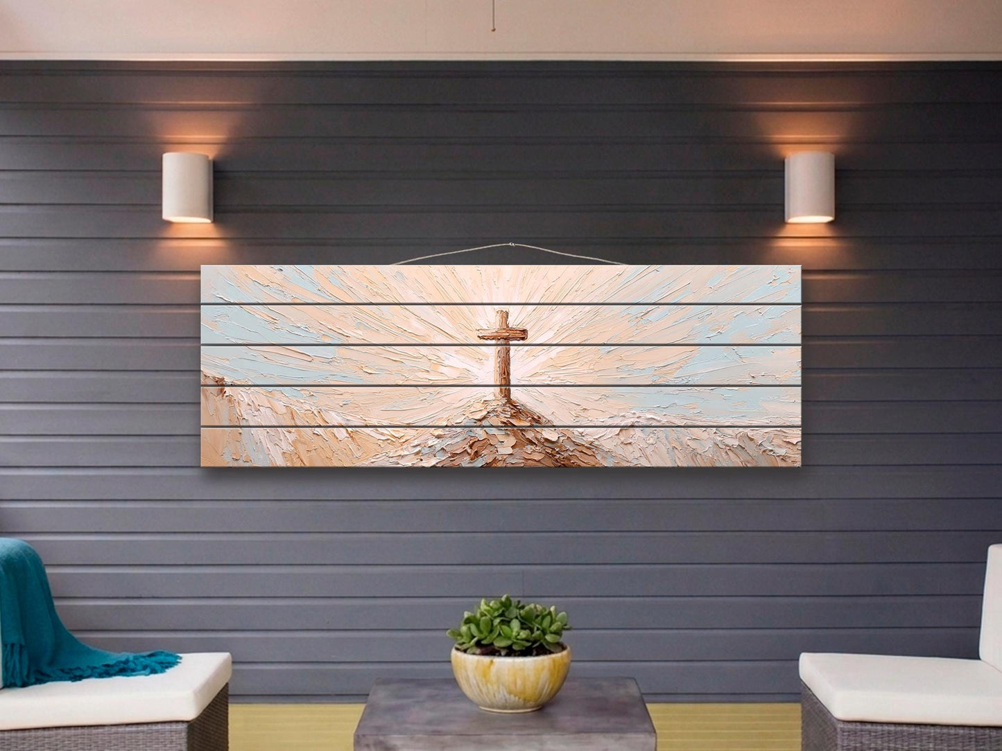 Wooden Cross on Mountain Peak Wood Print Wall Art, Religious Wall Decor